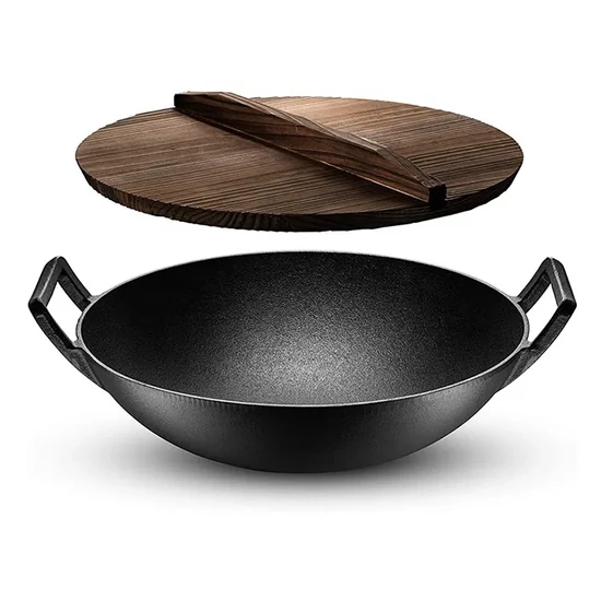 Perfect Home Öntöttvas Wok hagyományos kínai, fa fedővel kicsi 31,5 cm 16628